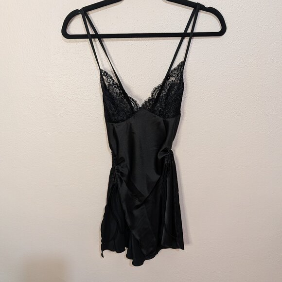Black Satin Lace Mini Nightgown Ruched Sides Single Strap Chemise - Picture 2 of 11